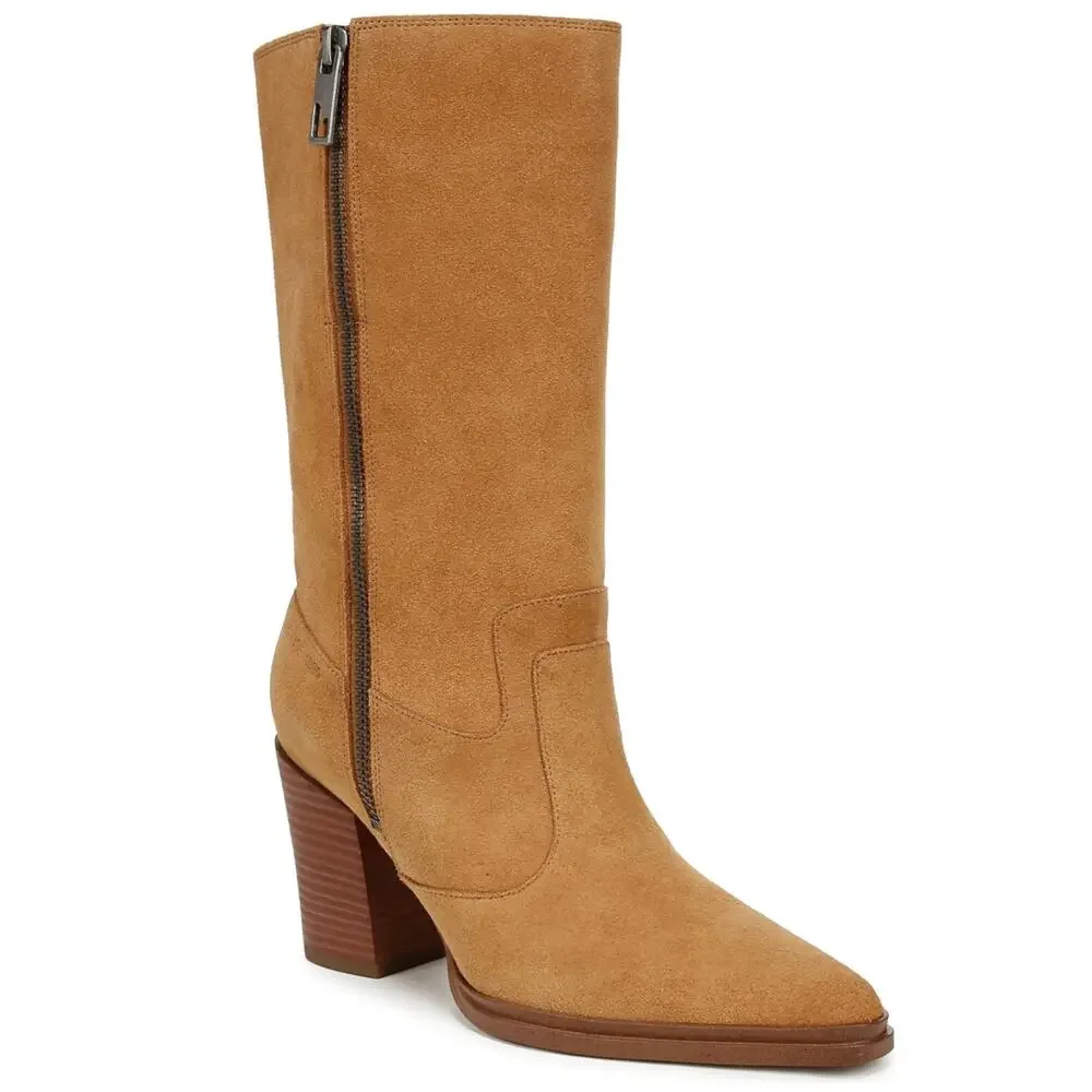 Franco Sarto Jaxon Mid-Shaft Boot Size 9 Camel/Brown Suede Block High Heel New
